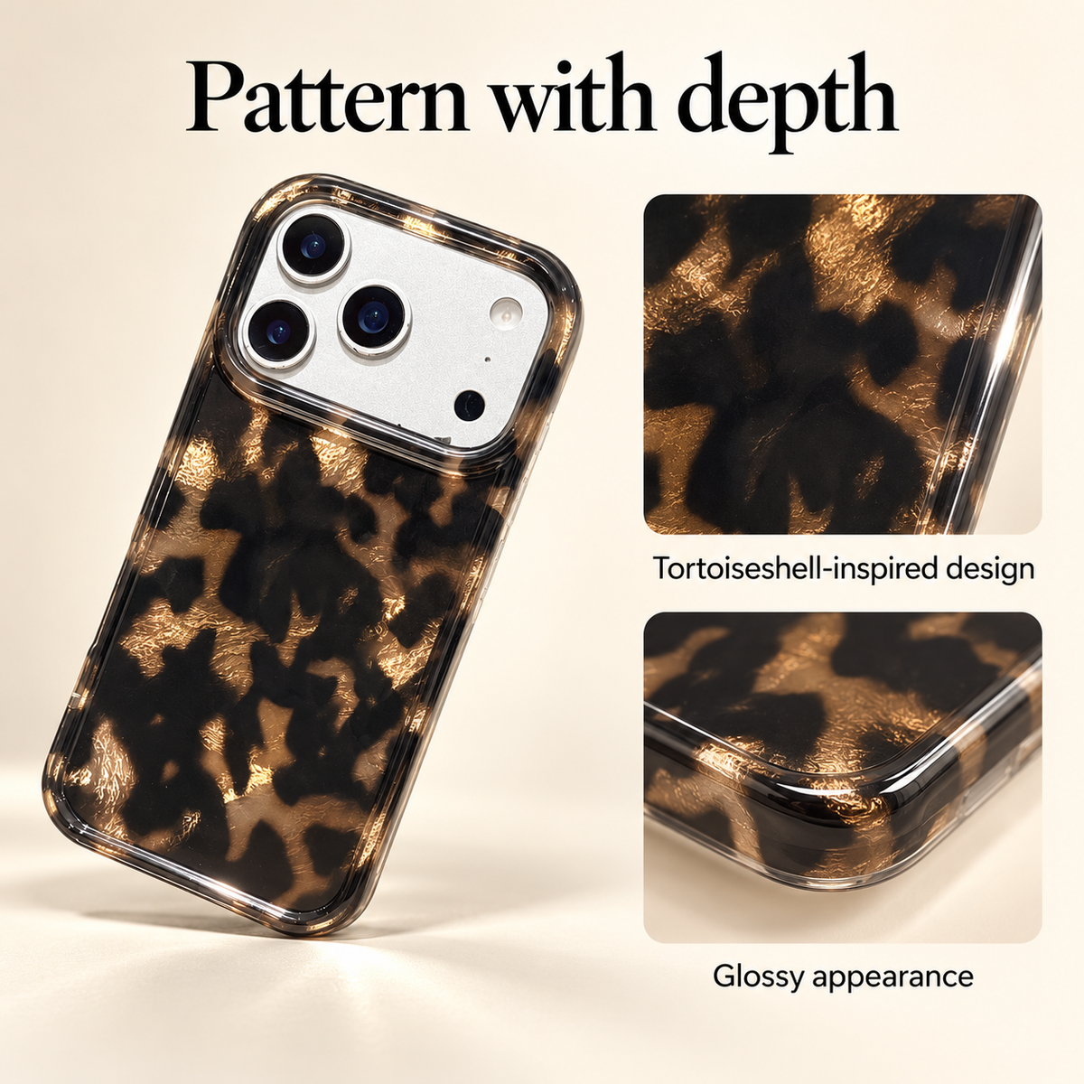 Glossy tortoiseshell pattern panel showing the actual dark mottled print and clear case edges.