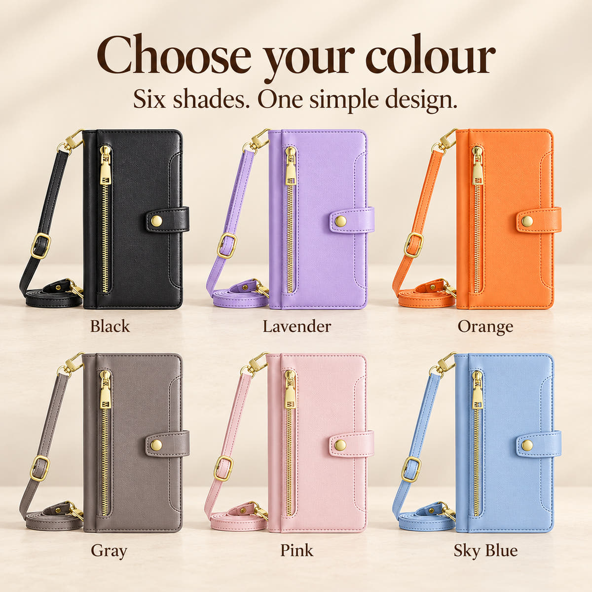Minimal crossbody wallet case colour guide showing Black, Lavender, Orange, Gray, Pink and Sky Blue