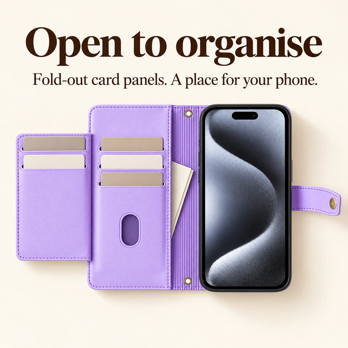 Lavender Minimal crossbody wallet open to show the original fold-out card panels and phone cradle