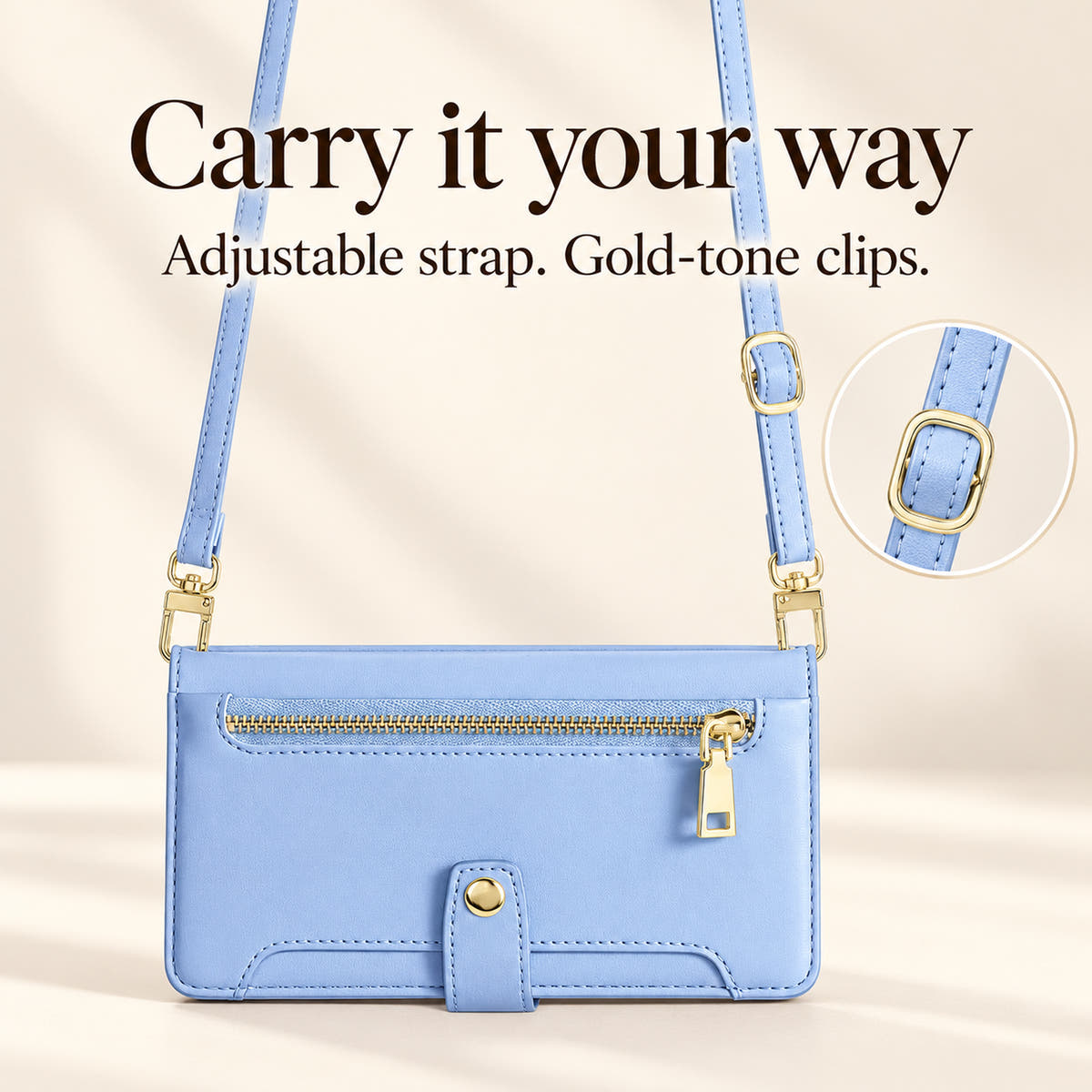 Sky Blue Minimal wallet case with matching shoulder strap, adjustment buckle and gold-tone swivel clips