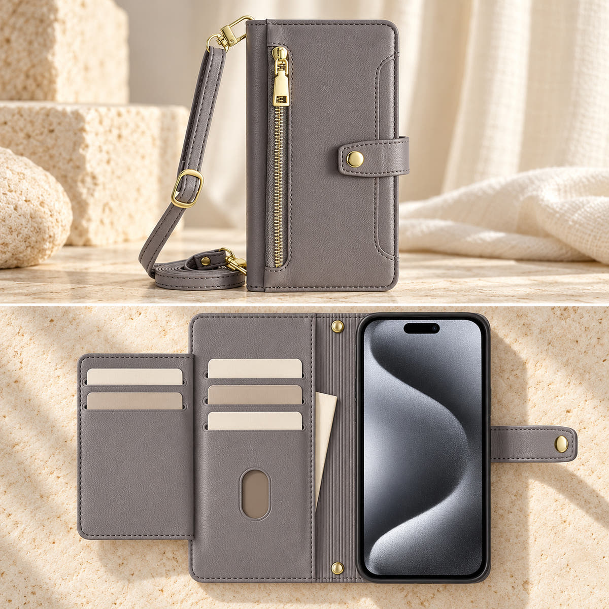 Minimal crossbody iPhone wallet case in Gray — open card panels and phone cradle with unbranded sample cards