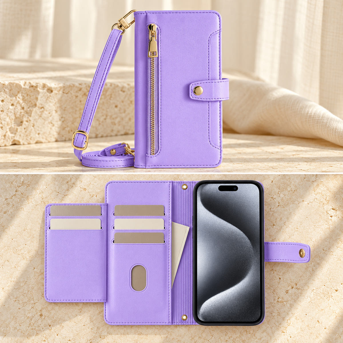Minimal crossbody iPhone wallet case in Lavender — open card panels and phone cradle with unbranded sample cards
