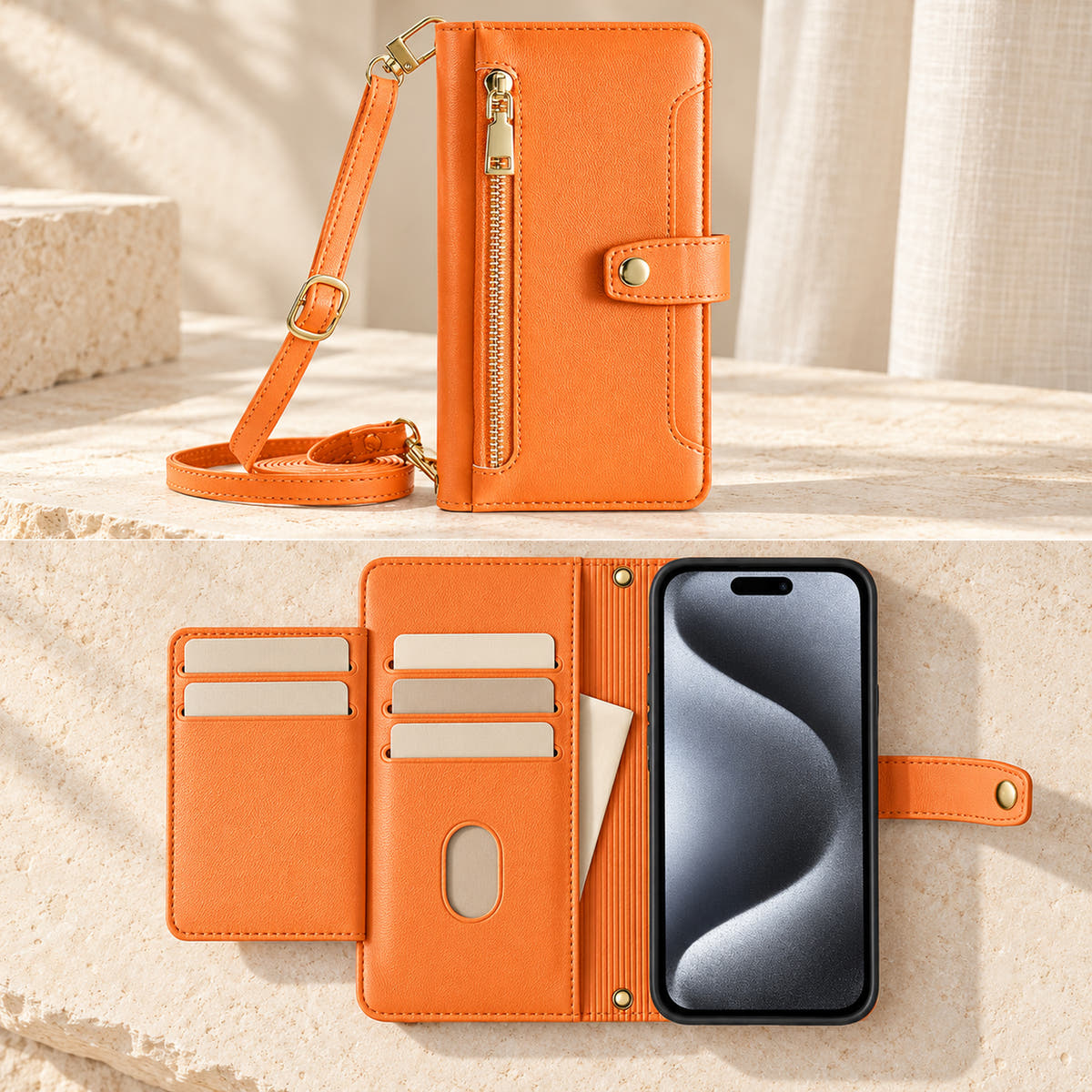 Minimal crossbody iPhone wallet case in Orange — open card panels and phone cradle with unbranded sample cards