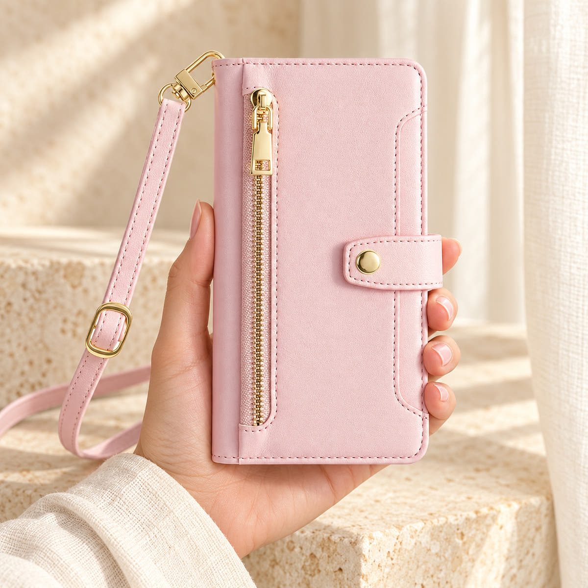 Minimal crossbody iPhone wallet case in Pink — front held in hand showing gold-tone zip and closure tab