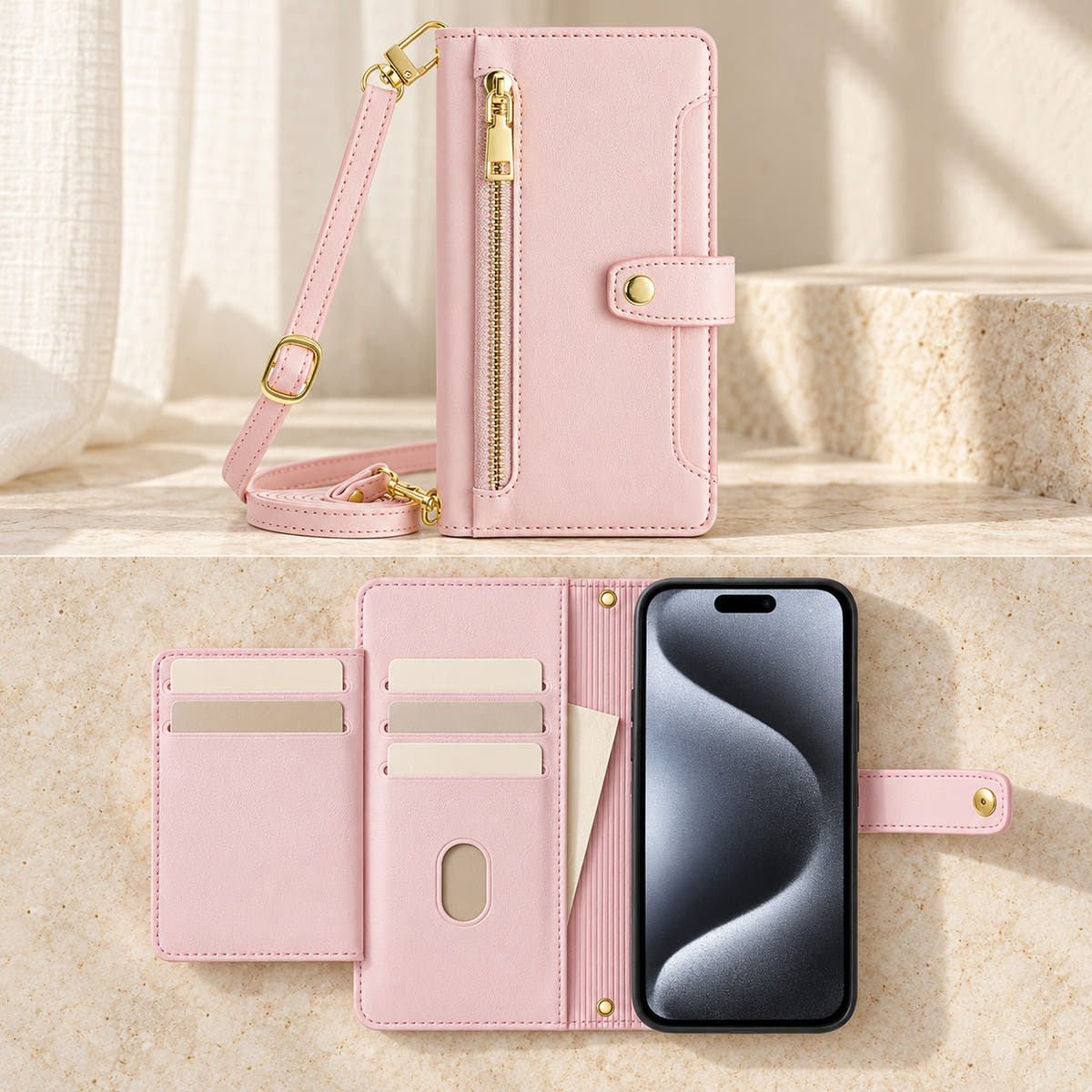 Minimal crossbody iPhone wallet case in Pink — open card panels and phone cradle with unbranded sample cards