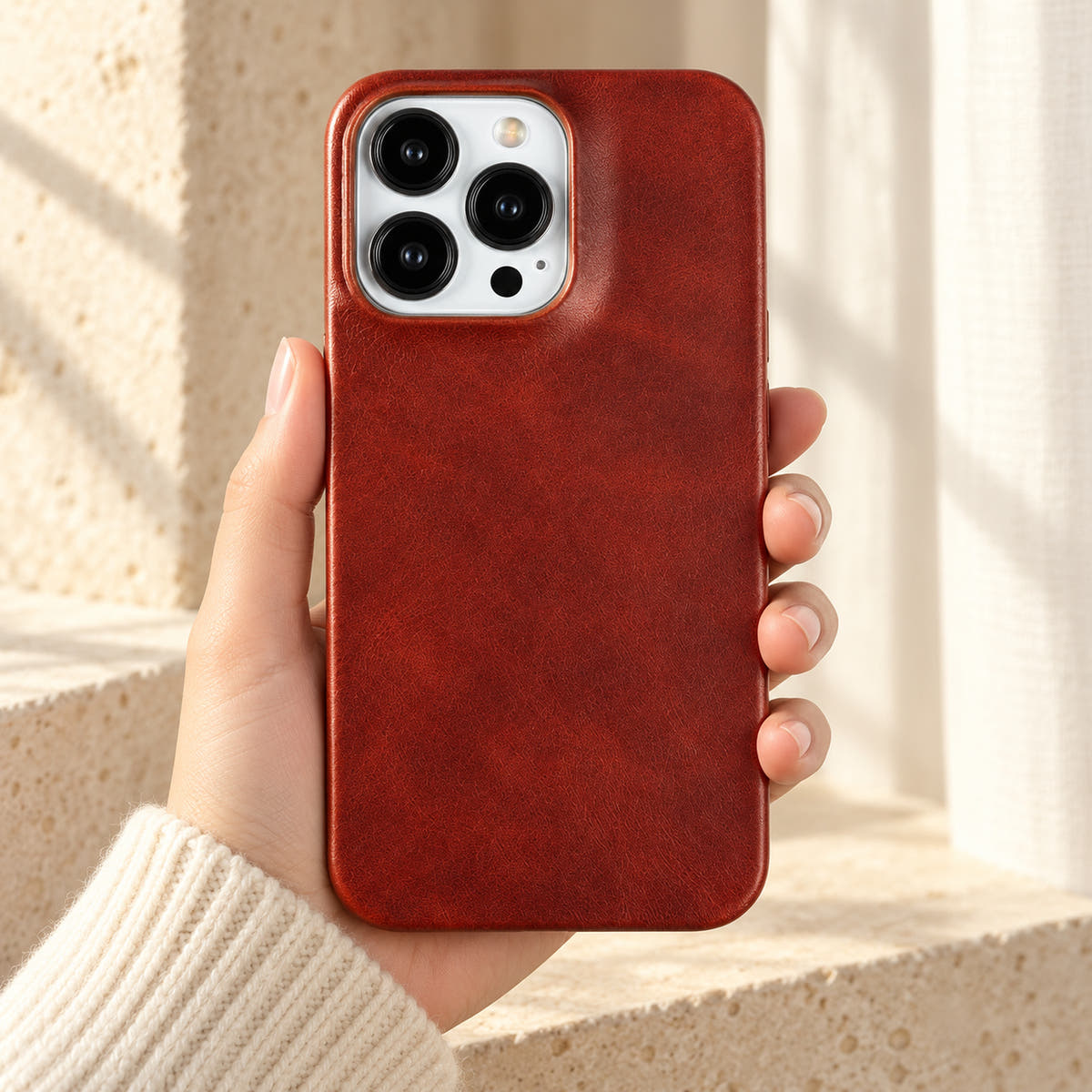Minimal leather-look iPhone case in Brown, held upright against a cream background.