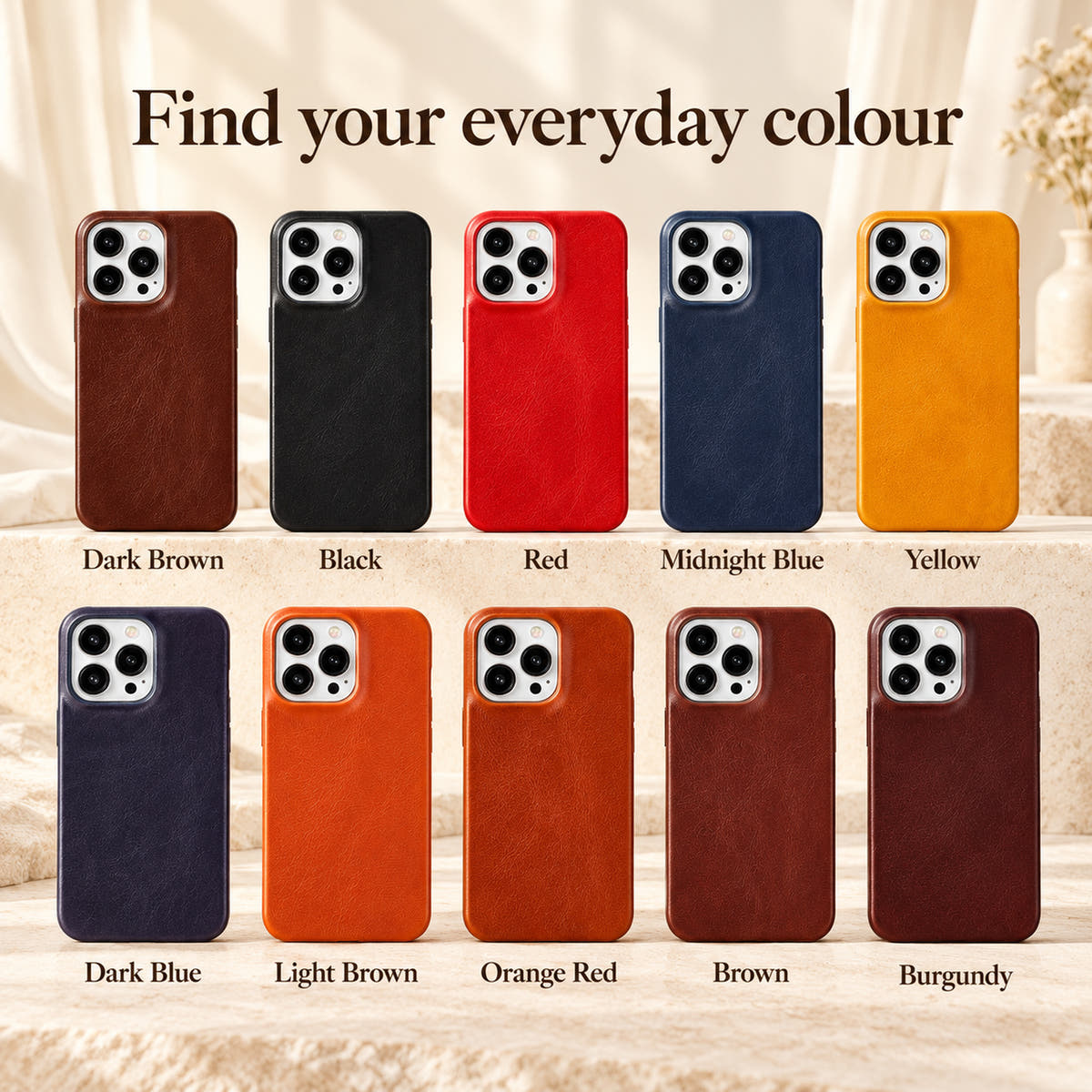 Colour guide for the minimal leather-look iPhone case showing Dark Brown, Black, Red, Midnight Blue, Yellow, Dark Blue, Light Brown, Orange Red, Brown and Burgundy.
