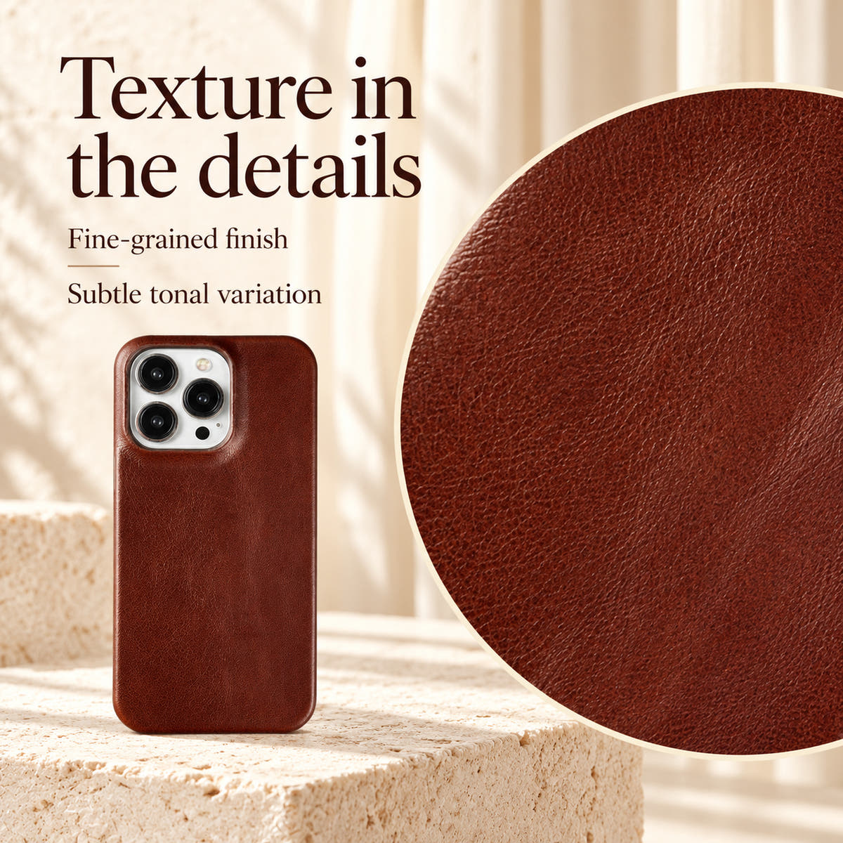 Feature graphic showing the minimal iPhone case's fine-grained leather-look finish and subtle tonal variation.