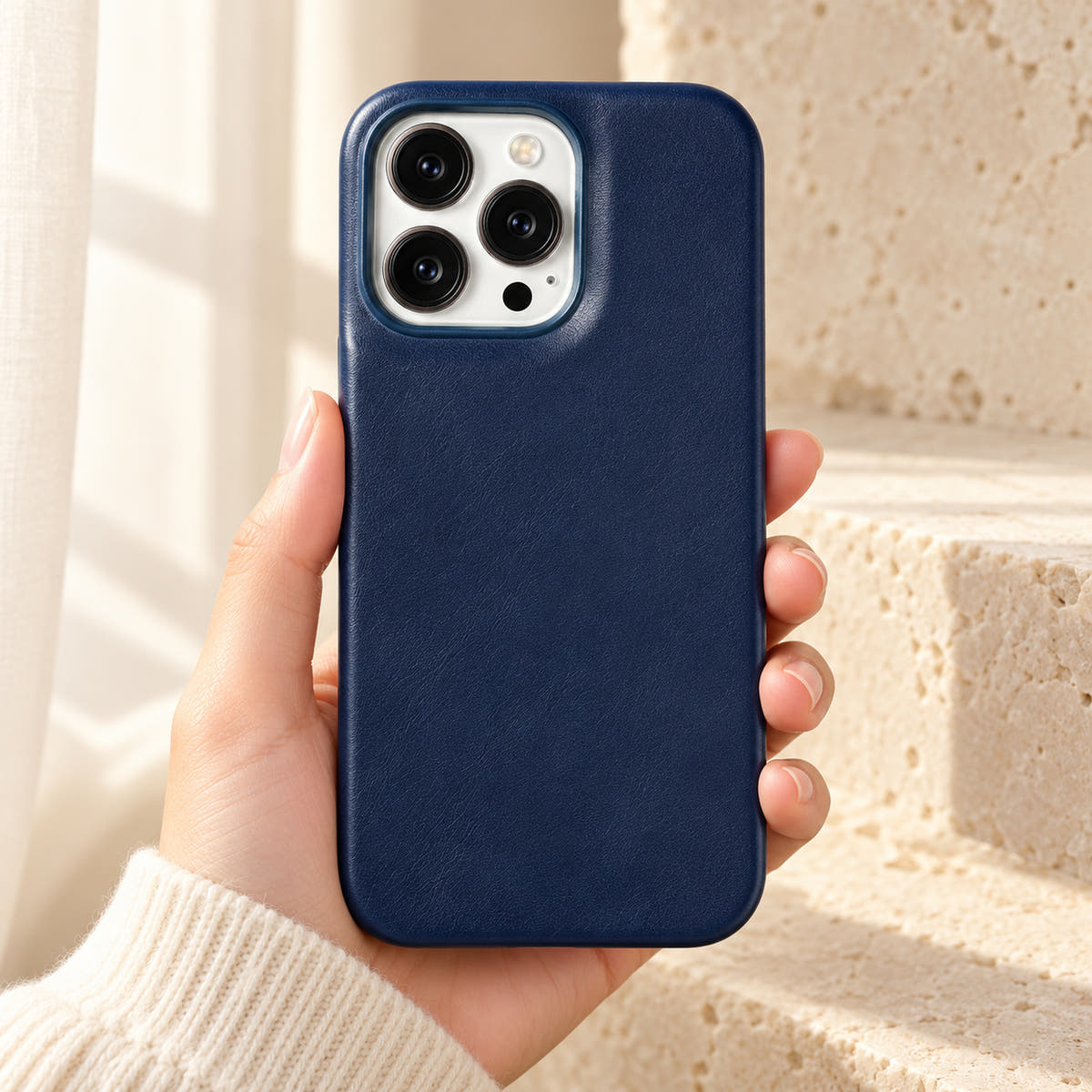 Minimal leather-look iPhone case in Midnight Blue, held upright against a cream background.