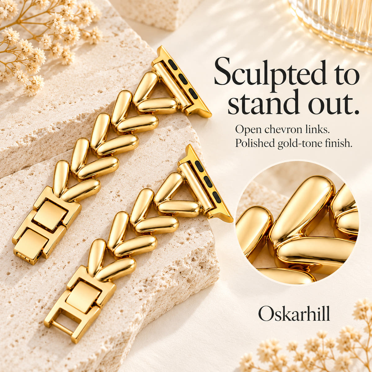 Monelle gold-tone chevron Apple Watch band with a magnified view of its open V-shaped links