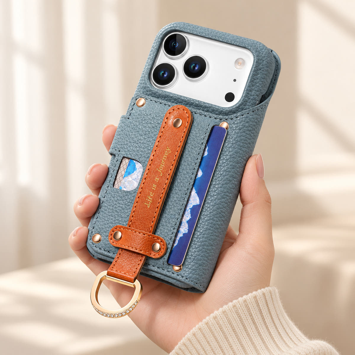 Blue textured iPhone wallet case held in hand, showing the contrasting rear hand strap, card pocket, gold-tone D-ring and camera opening