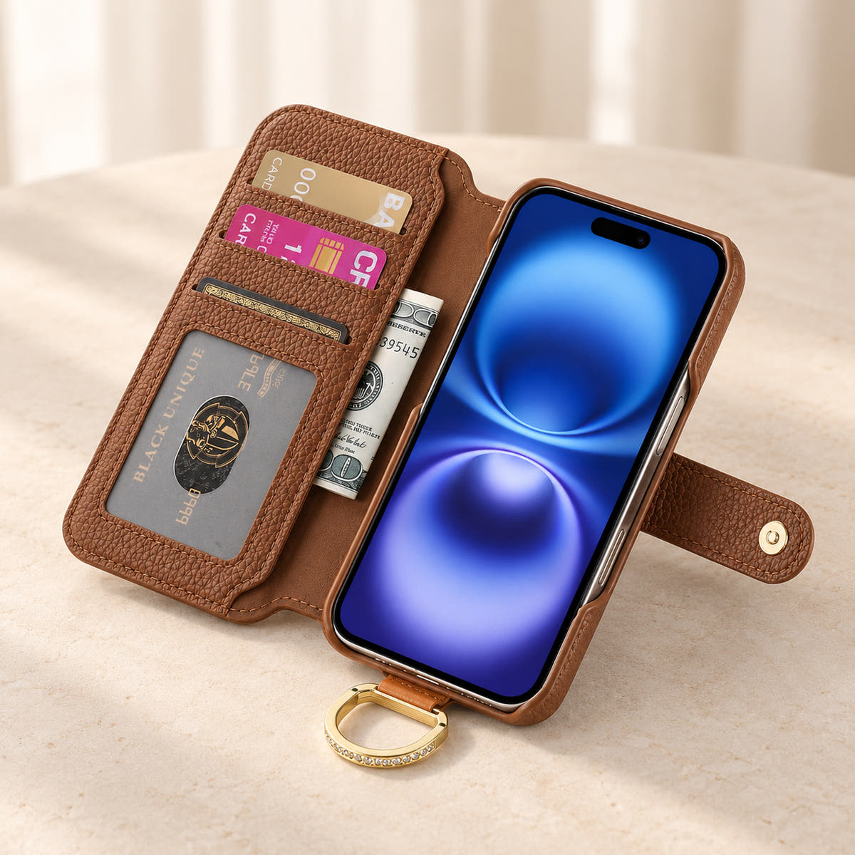 Brown iPhone wallet case opened to show three card slots, an ID window, a note pocket and the fitted phone holder