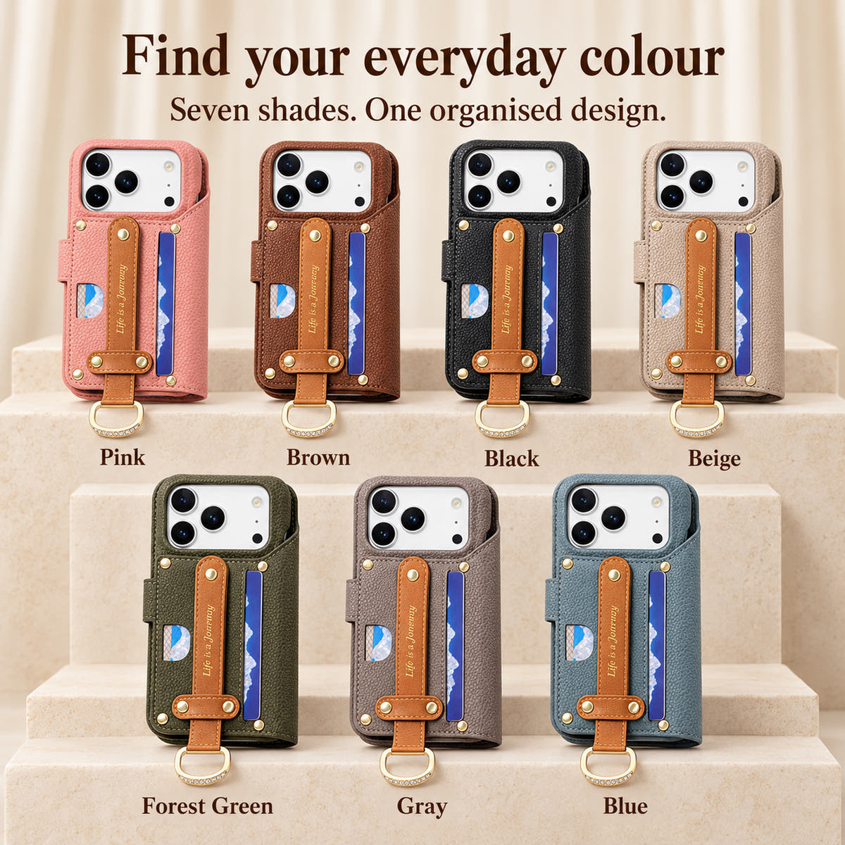 Textured wallet phone case colour guide showing Pink, Brown, Black, Beige, Forest Green, Gray and Blue with contrasting hand straps