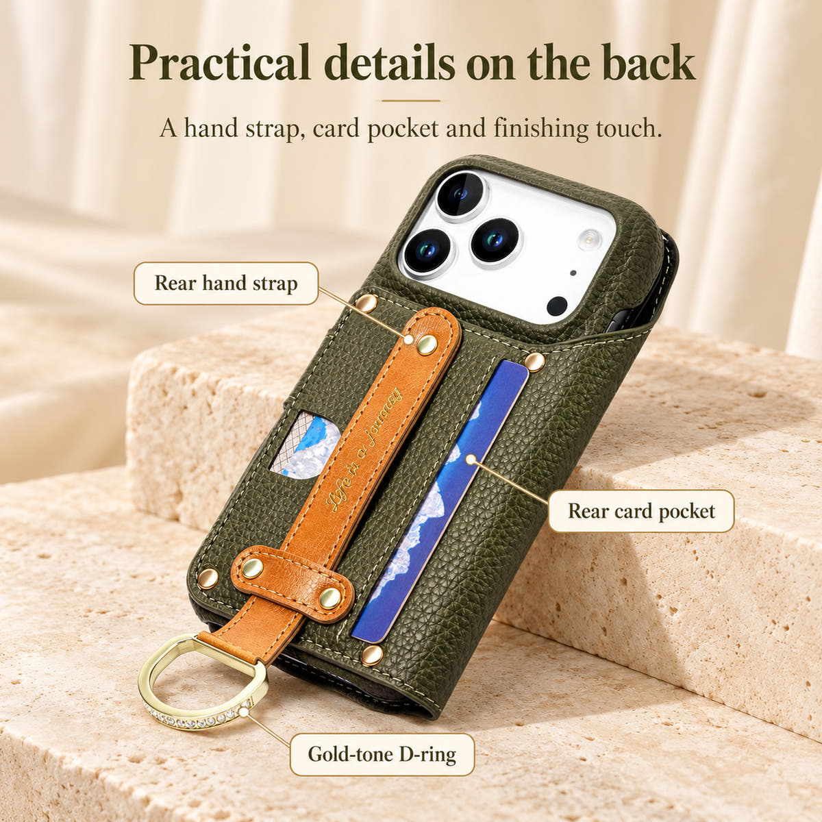 Forest Green wallet case feature image showing the contrasting rear hand strap, rear card pocket and gold-tone D-ring