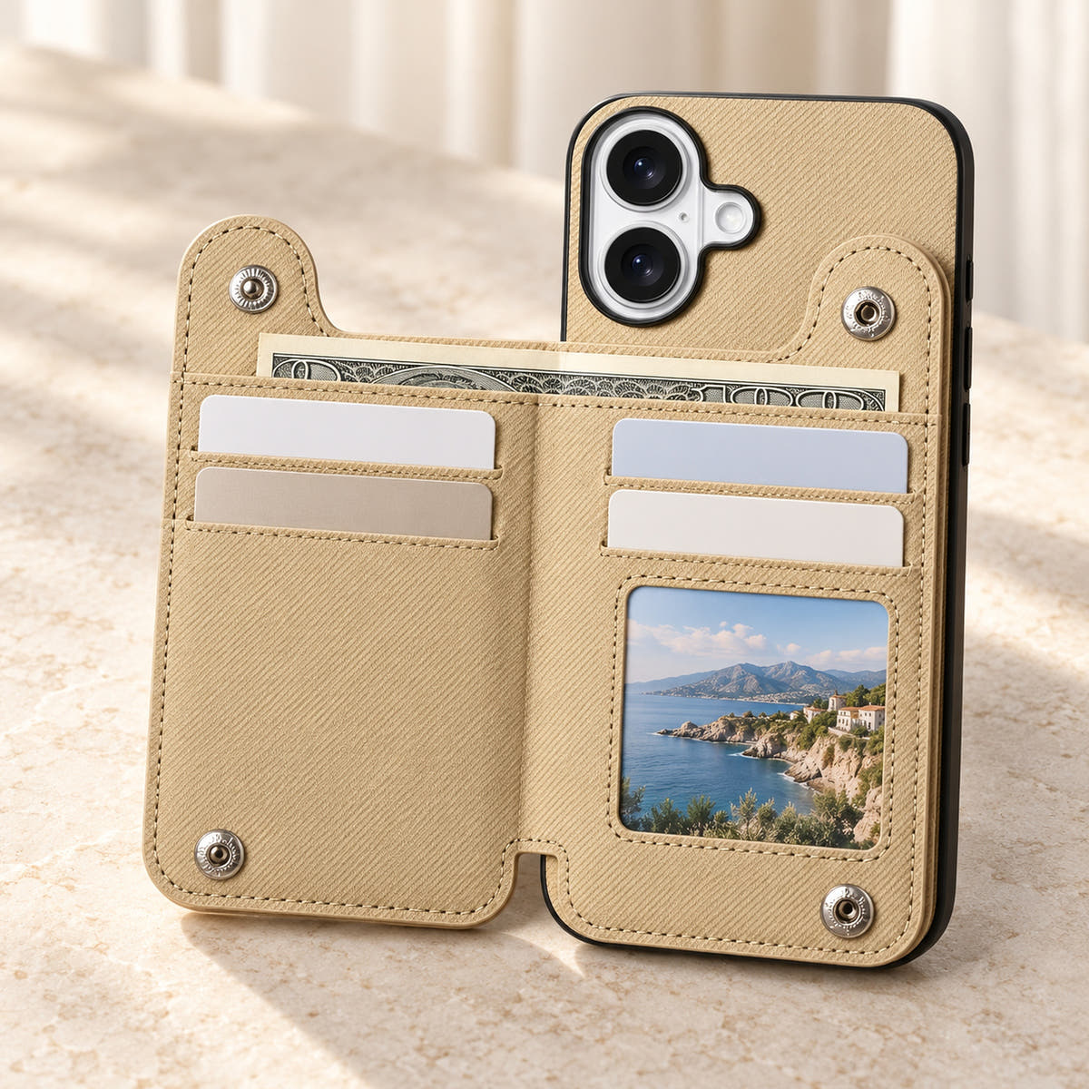 Multi-Pocket iPhone wallet case in Beige opened to show the card rows, ID window and notes compartment