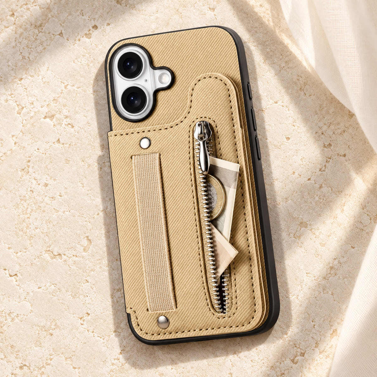 Multi-Pocket iPhone wallet case in Beige on cream limestone with its rear zip pocket open