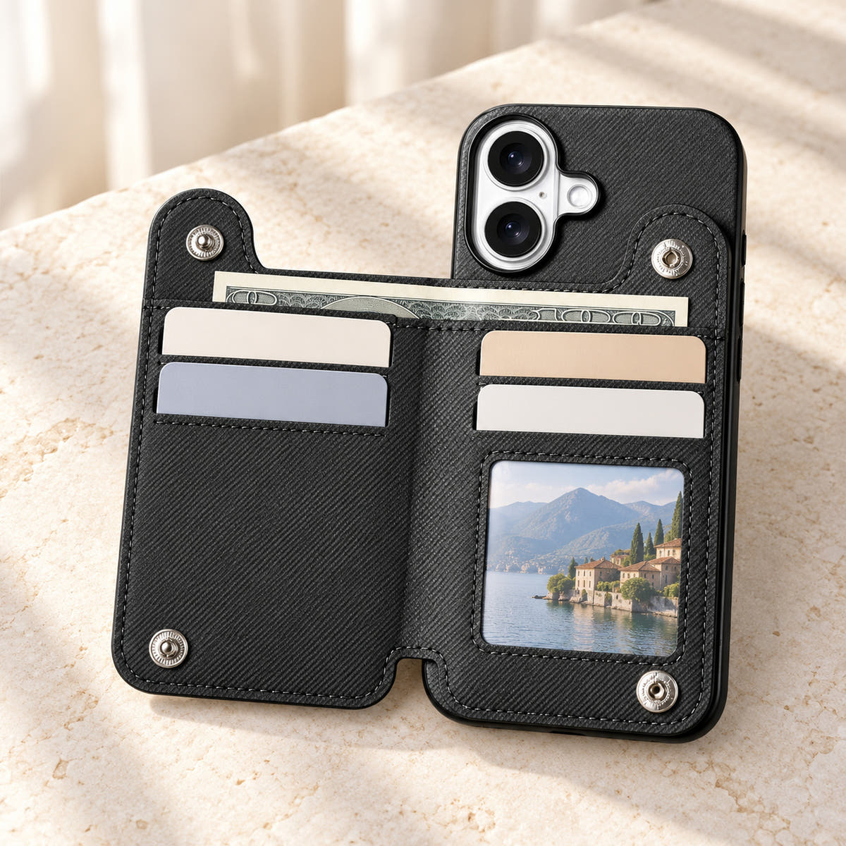Multi-Pocket iPhone wallet case in Black opened to show the card rows, ID window and notes compartment