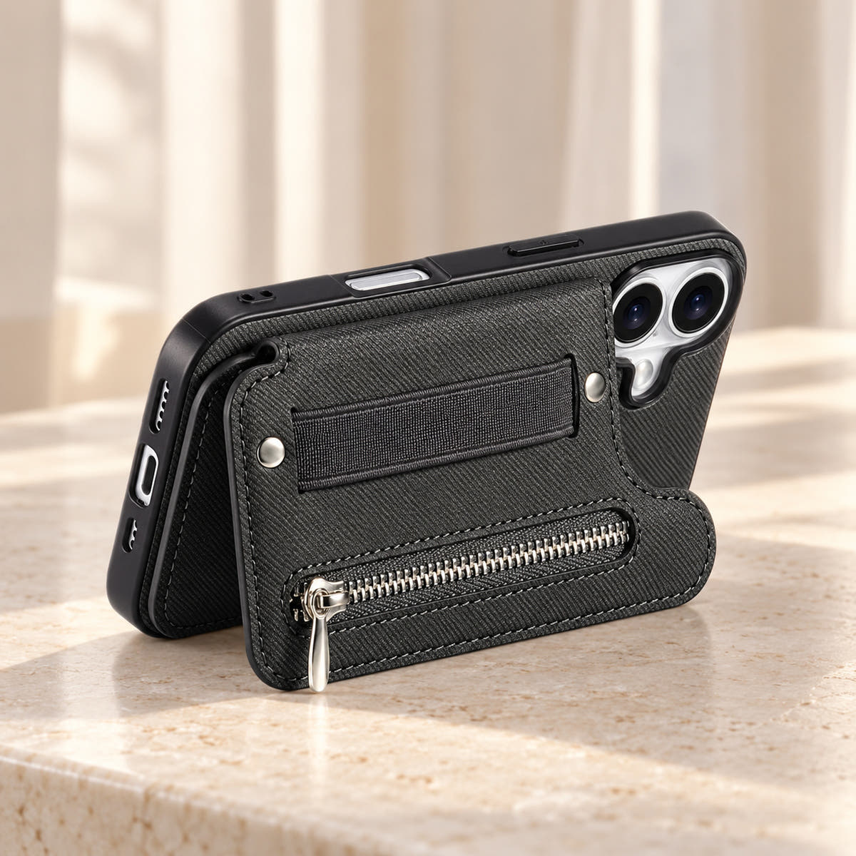 Multi-Pocket iPhone wallet case in Black with the rear wallet folded into a landscape stand