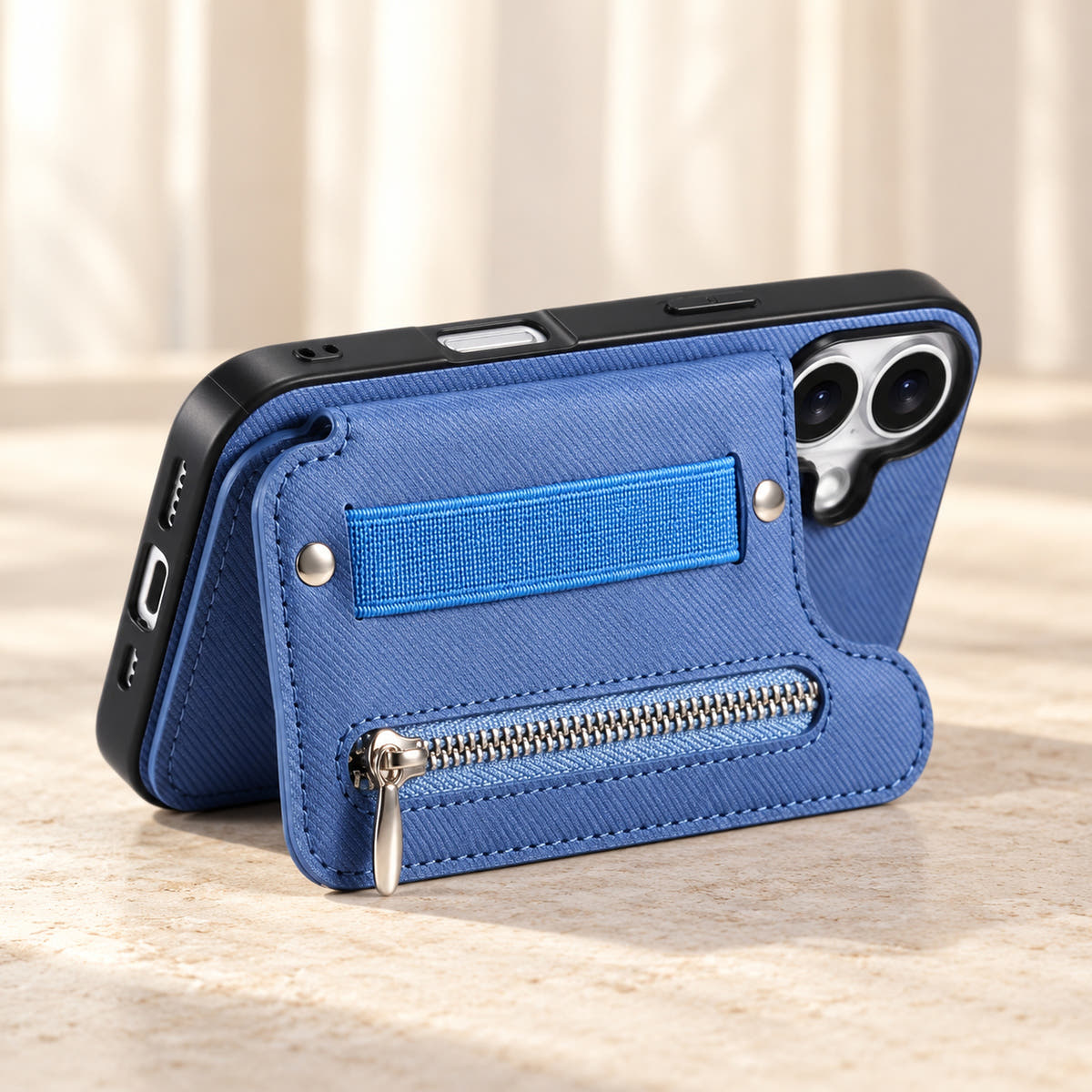 Multi-Pocket iPhone wallet case in Blue with the rear wallet folded into a landscape stand