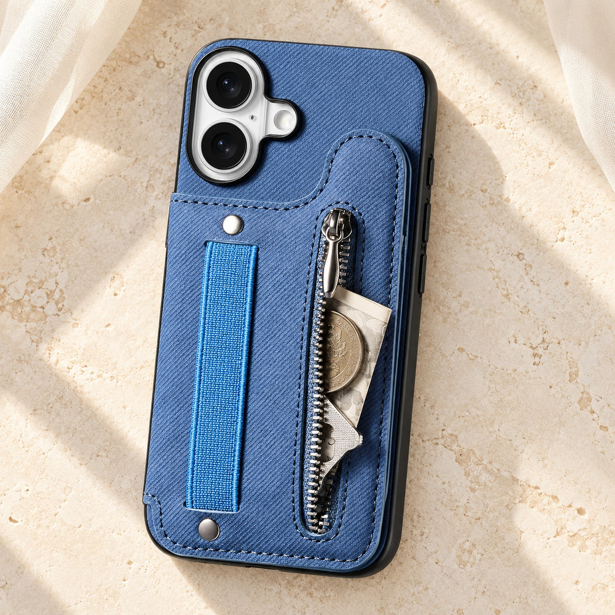Multi-Pocket iPhone wallet case in Blue on cream limestone with its rear zip pocket open