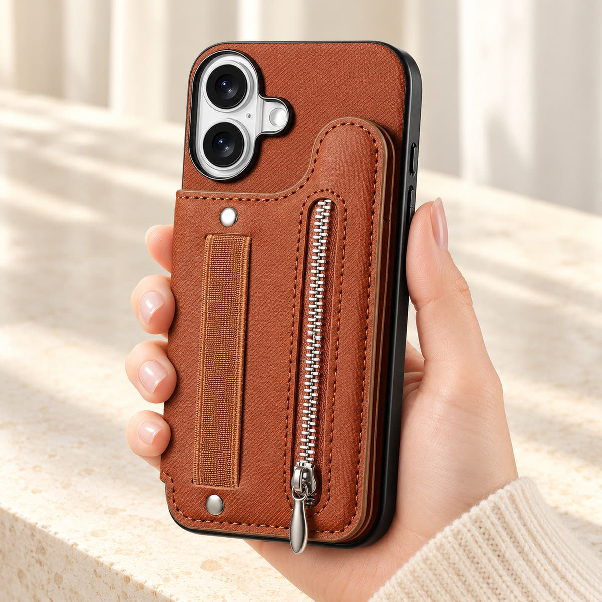Multi-Pocket iPhone wallet case in Brown held upright, showing the rear wallet, fabric hand strap and silver zip