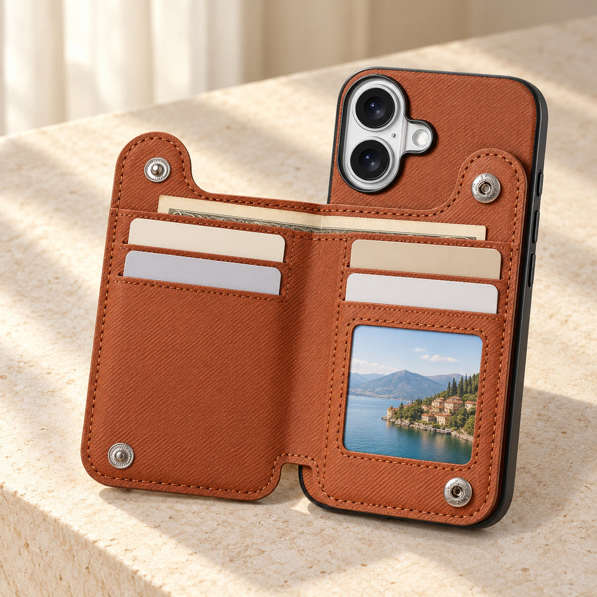 Multi-Pocket iPhone wallet case in Brown opened to show the card rows, ID window and notes compartment