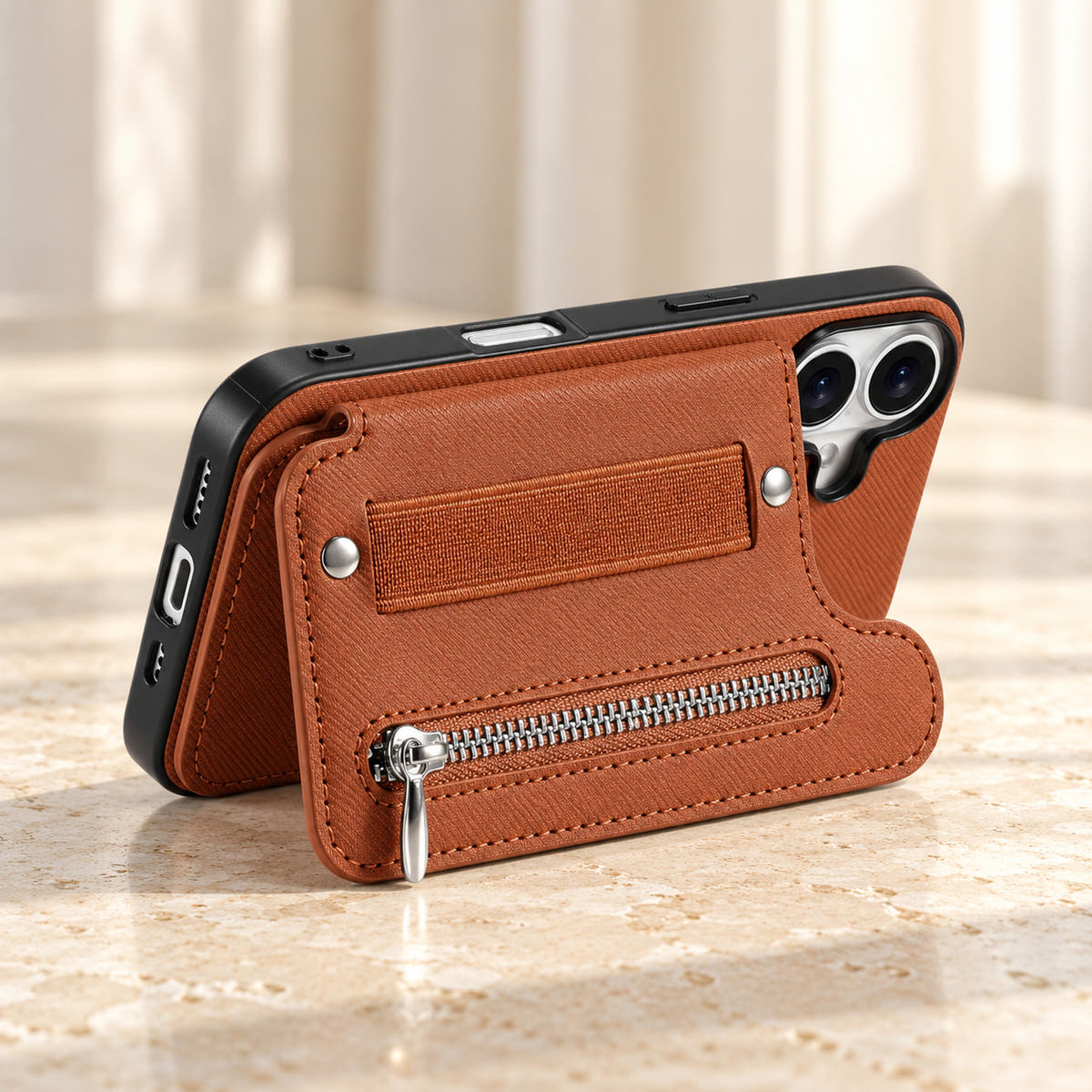Multi-Pocket iPhone wallet case in Brown with the rear wallet folded into a landscape stand