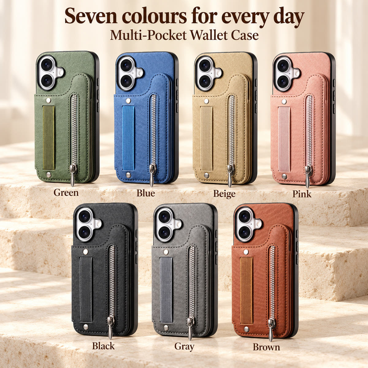 Seven Multi-Pocket wallet case colours labelled Green, Blue, Beige, Pink, Black, Gray and Brown