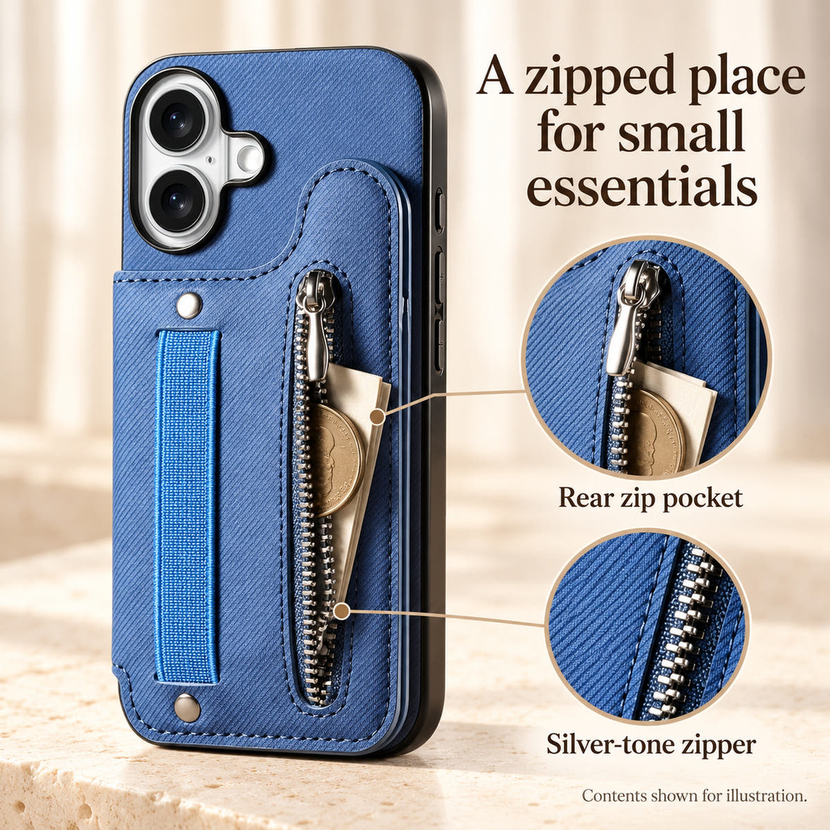 Multi-Pocket wallet case feature graphic showing the rear zip pocket and silver-tone zipper