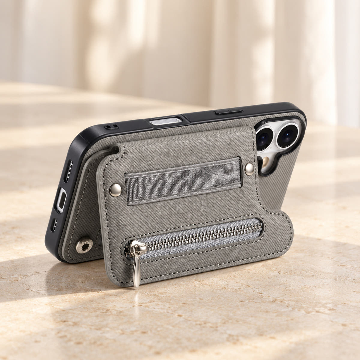 Multi-Pocket iPhone wallet case in Gray with the rear wallet folded into a landscape stand