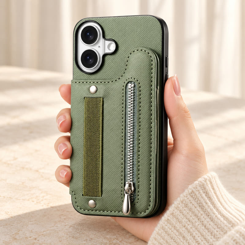 Multi-Pocket iPhone wallet case in Green held upright, showing the rear wallet, fabric hand strap and silver zip