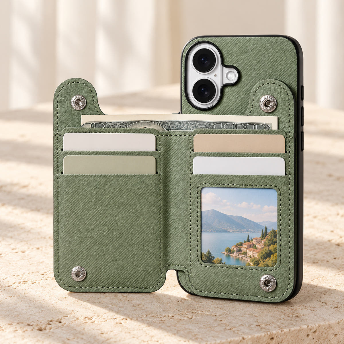 Multi-Pocket iPhone wallet case in Green opened to show the card rows, ID window and notes compartment