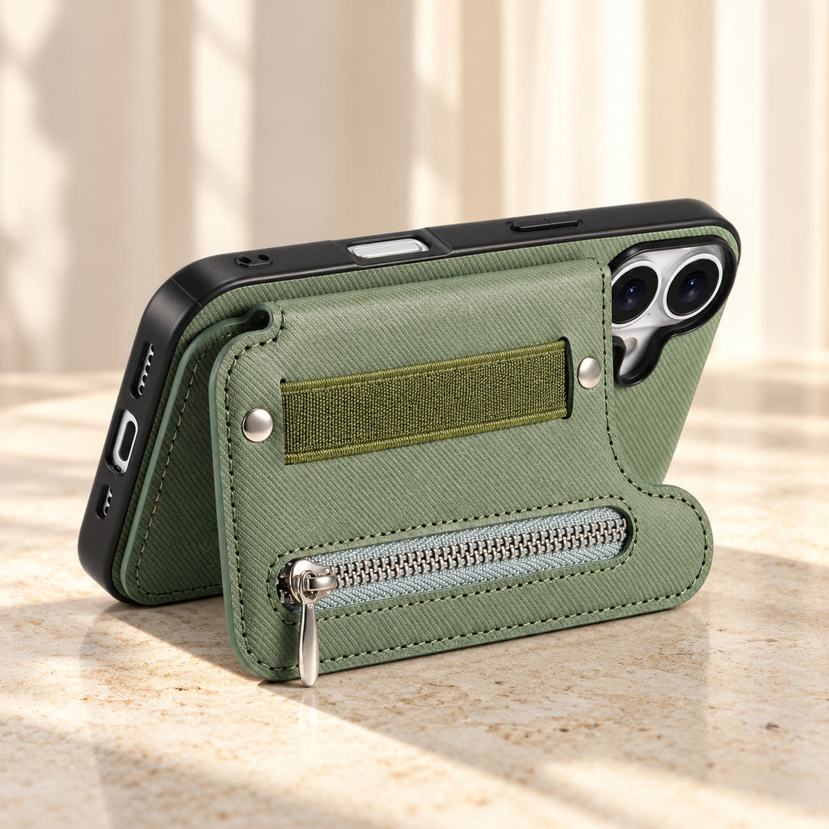 Multi-Pocket iPhone wallet case in Green with the rear wallet folded into a landscape stand