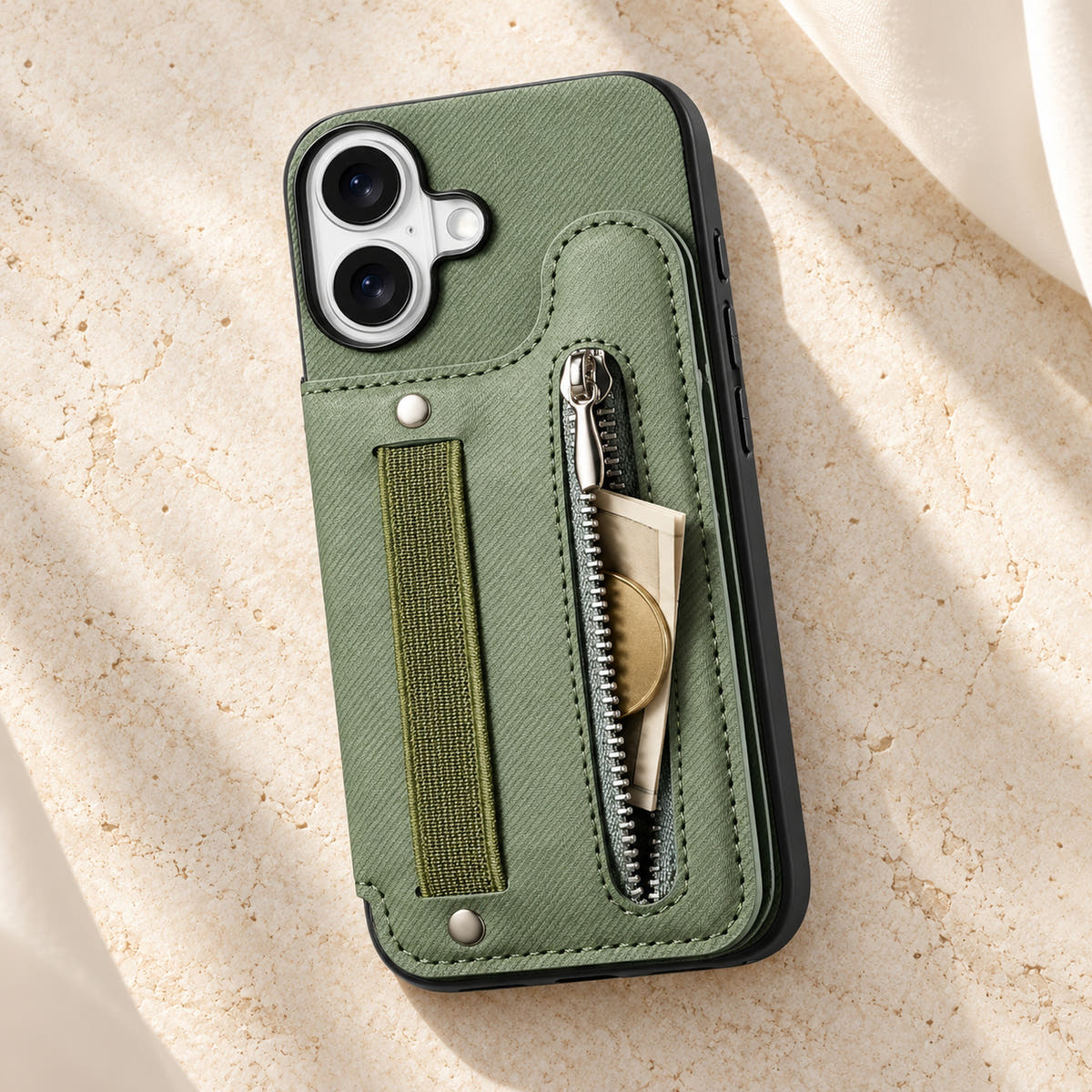 Multi-Pocket iPhone wallet case in Green on cream limestone with its rear zip pocket open