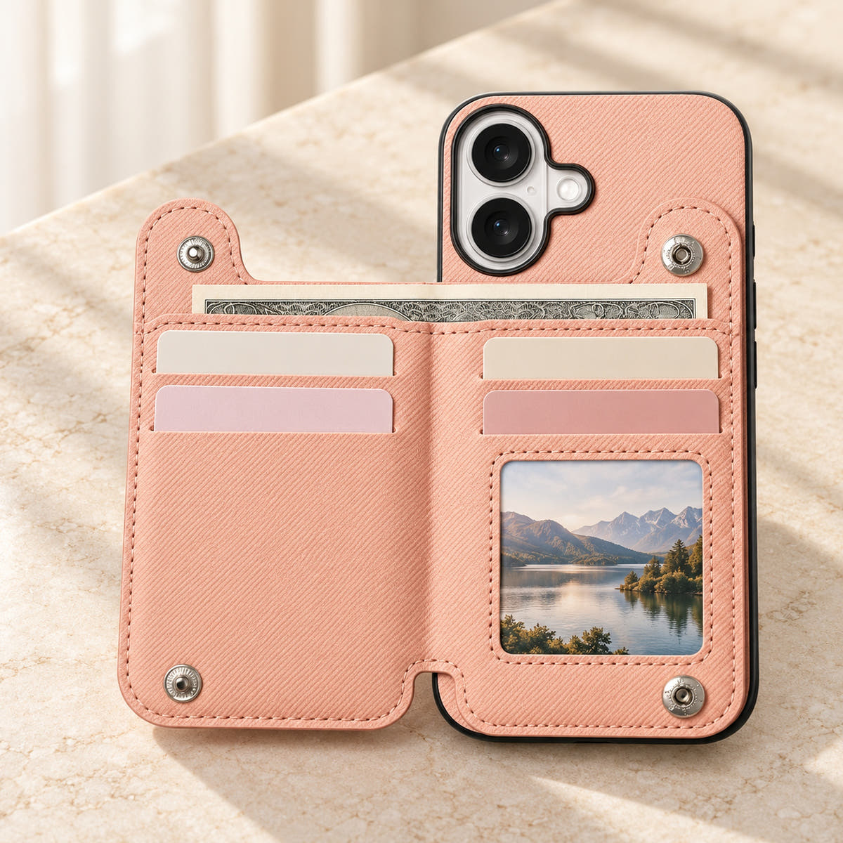 Multi-Pocket iPhone wallet case in Pink opened to show the card rows, ID window and notes compartment