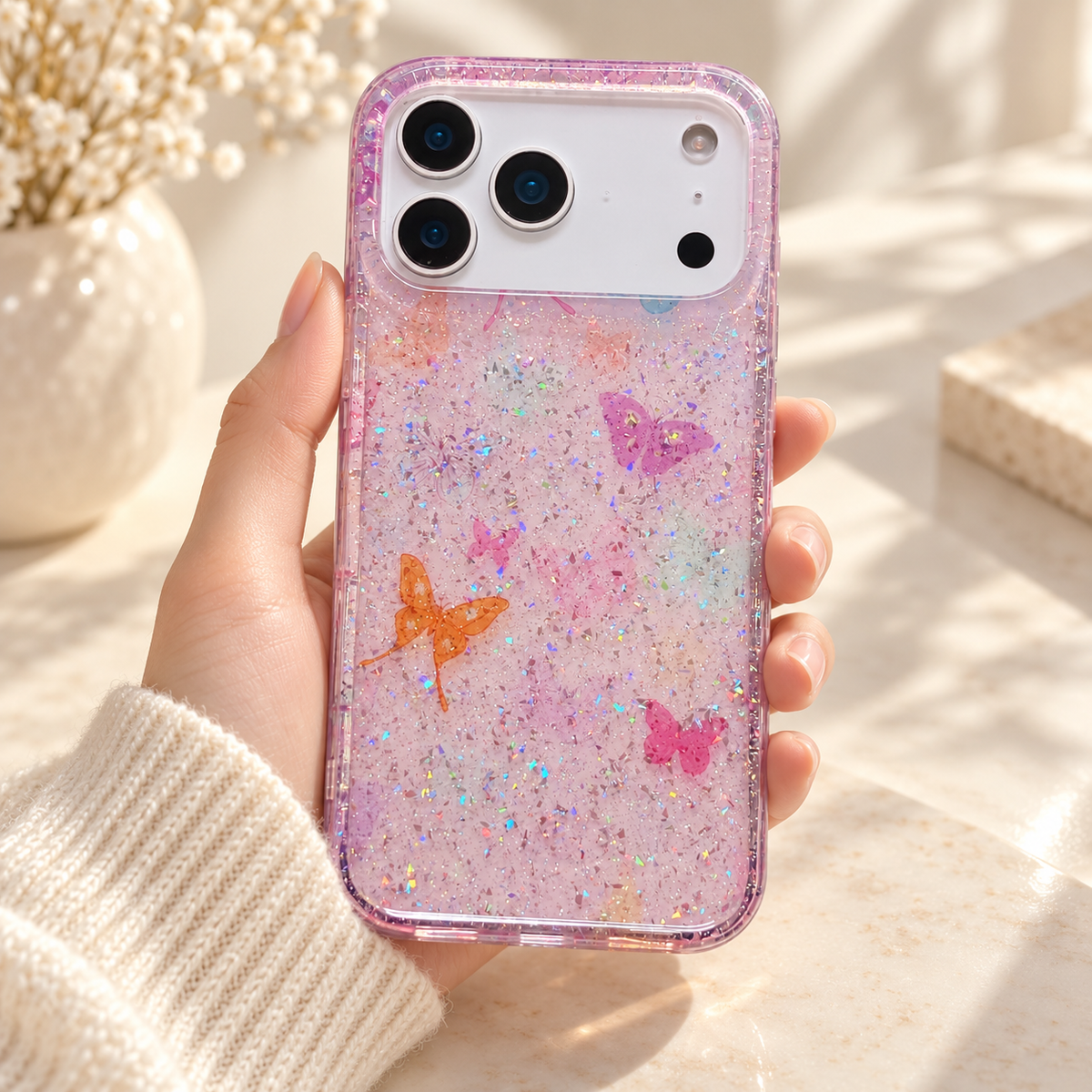 Butterfly Pink Pastel Sparkle iPhone case held upright, showing the original colourful butterflies and light-catching flecks.