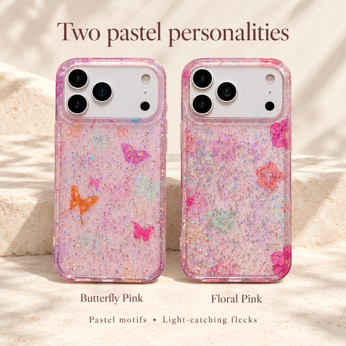 Pastel Sparkle colour guide comparing the complete Butterfly Pink and Floral Pink designs side by side.