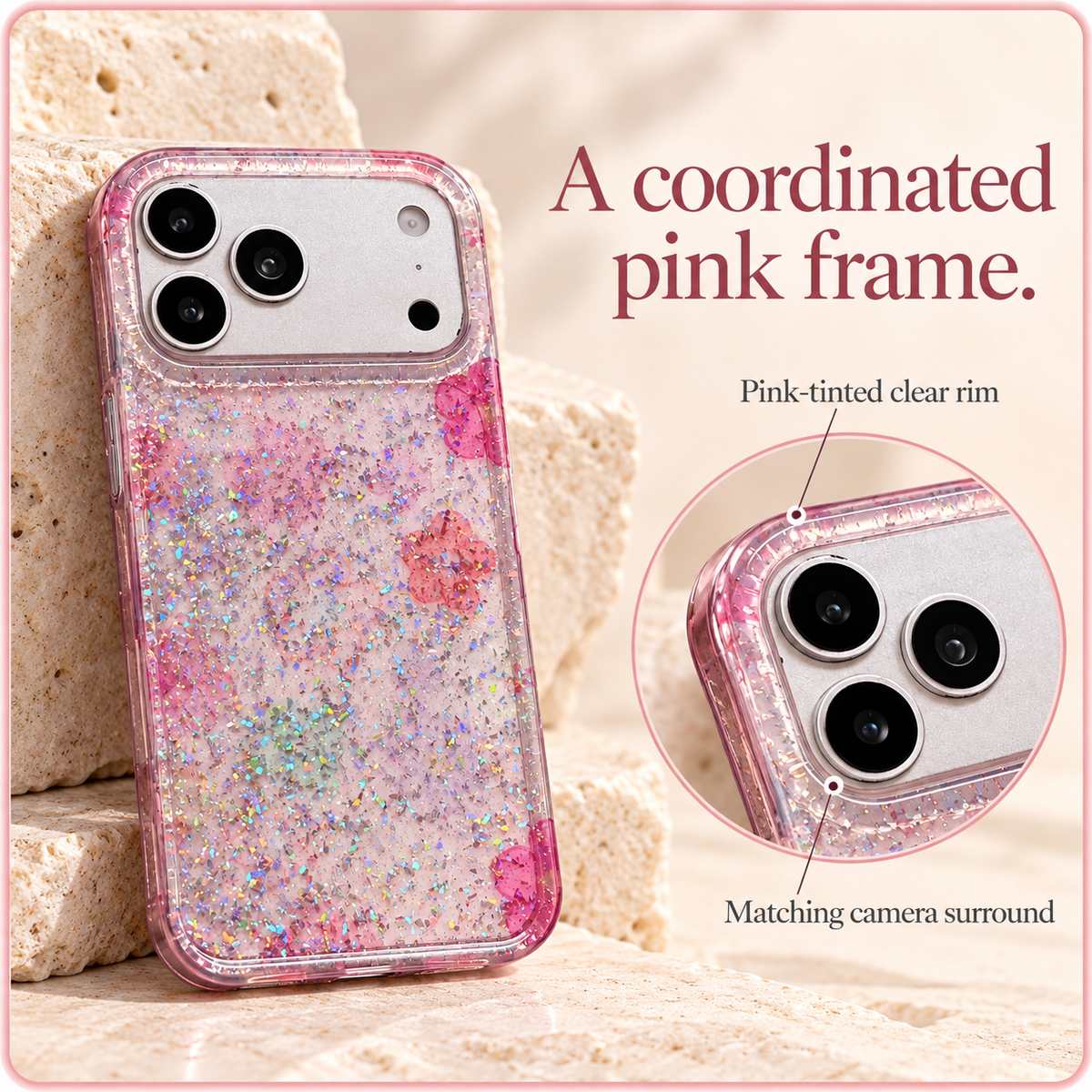 Floral Pink case with a circular camera-rim detail showing the coordinated translucent pink frame.