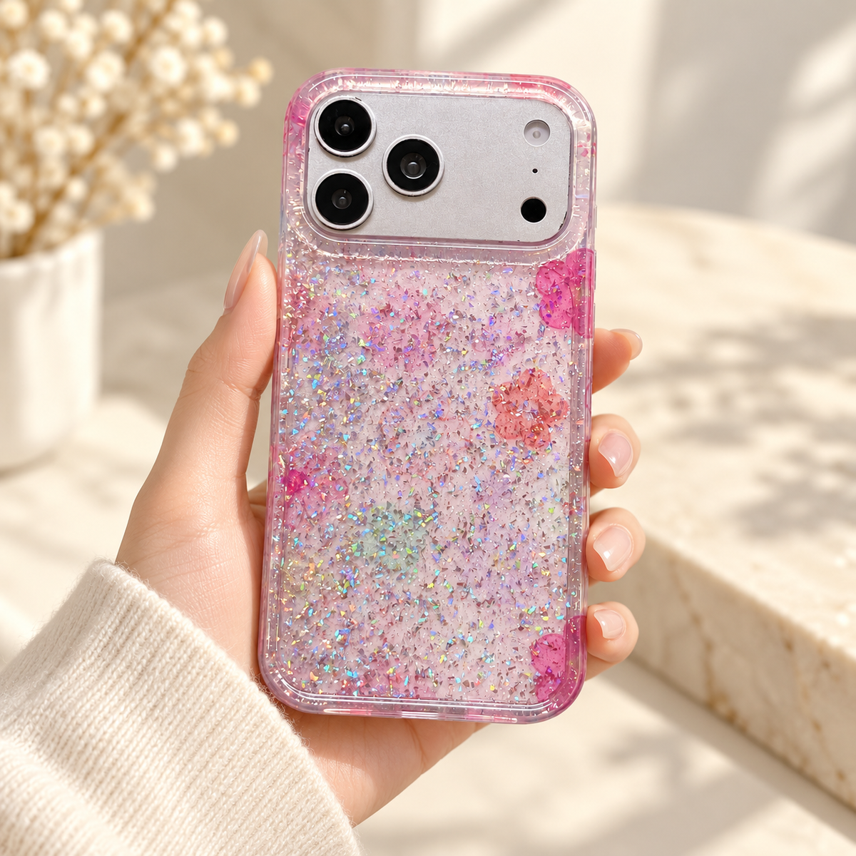 Floral Pink Pastel Sparkle case held upright in one hand, showing its flowers and sparkling pink finish.