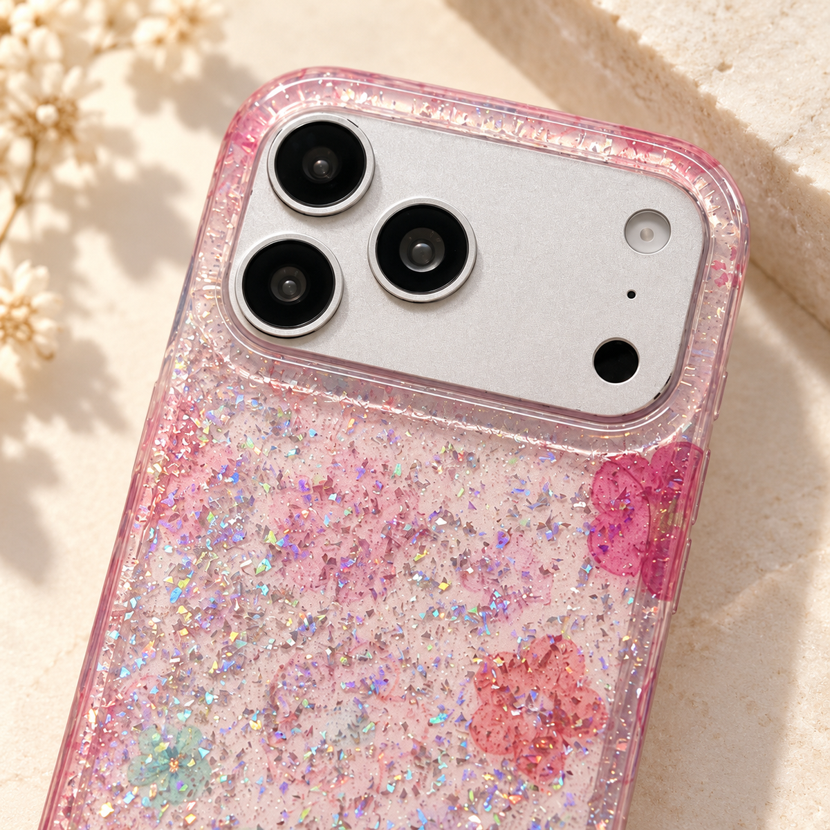 Close-up of the Floral Pink case's camera opening, pink-tinted rim and nearby flower detail.