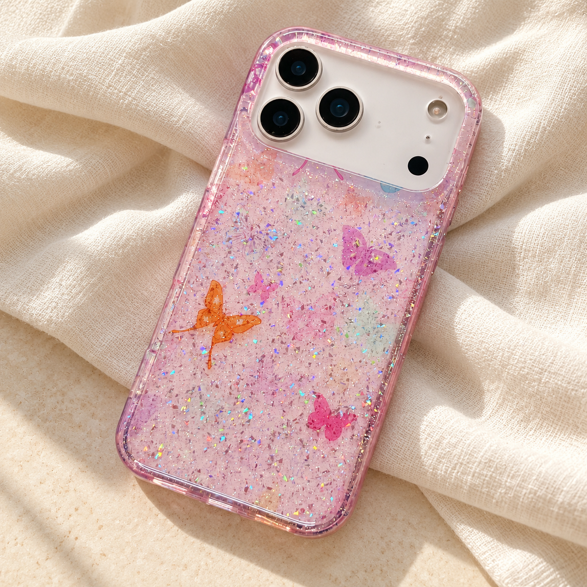 Butterfly Pink case styled on ivory linen with the full printed back visible.