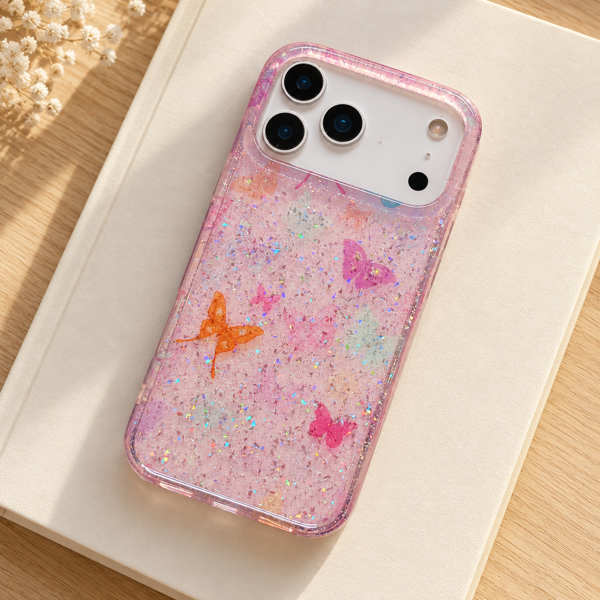 Butterfly Pink case on a plain cream notebook with its colourful butterfly design unobstructed.