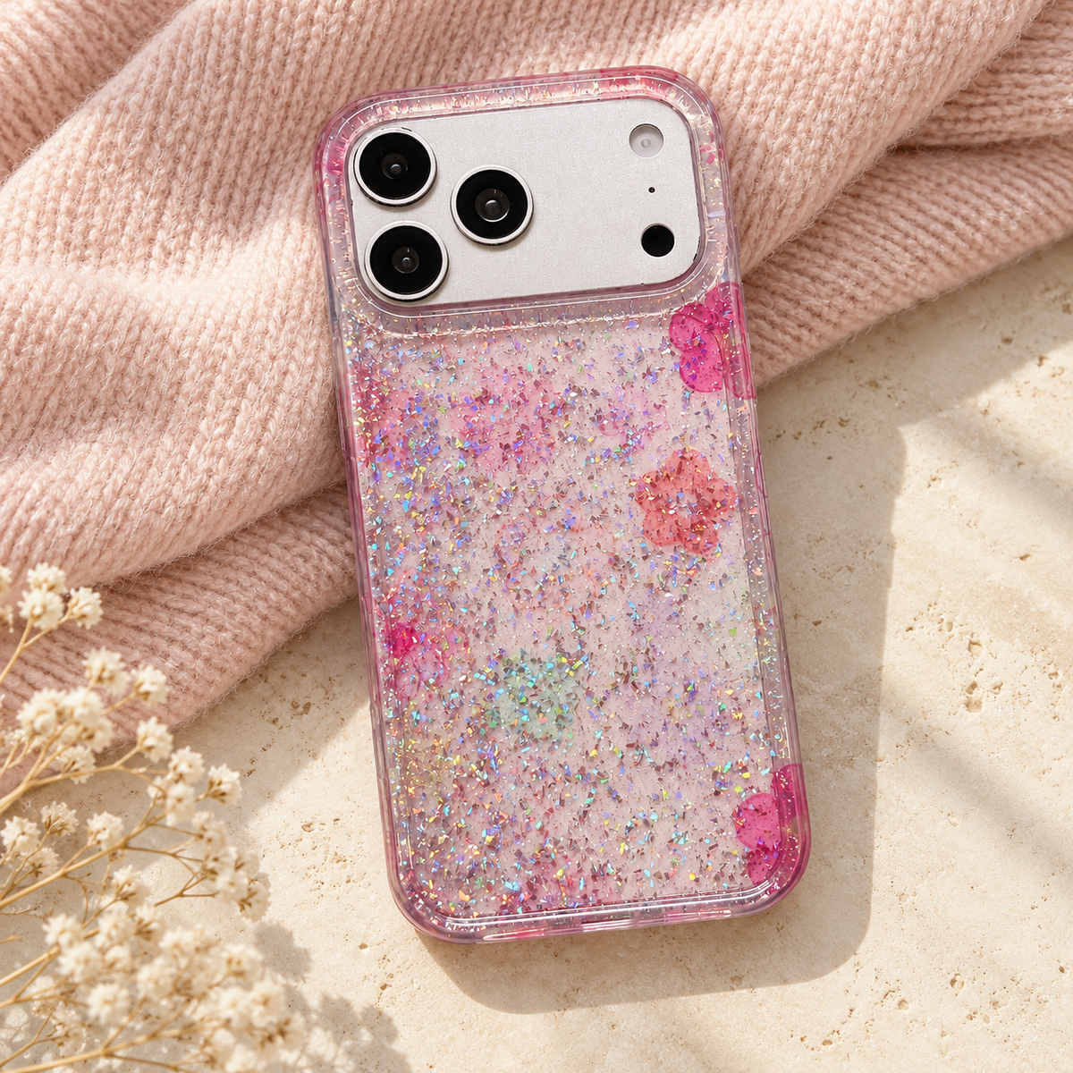 Floral Pink case resting on pale blush knit fabric with its flower pattern and clear rim visible.