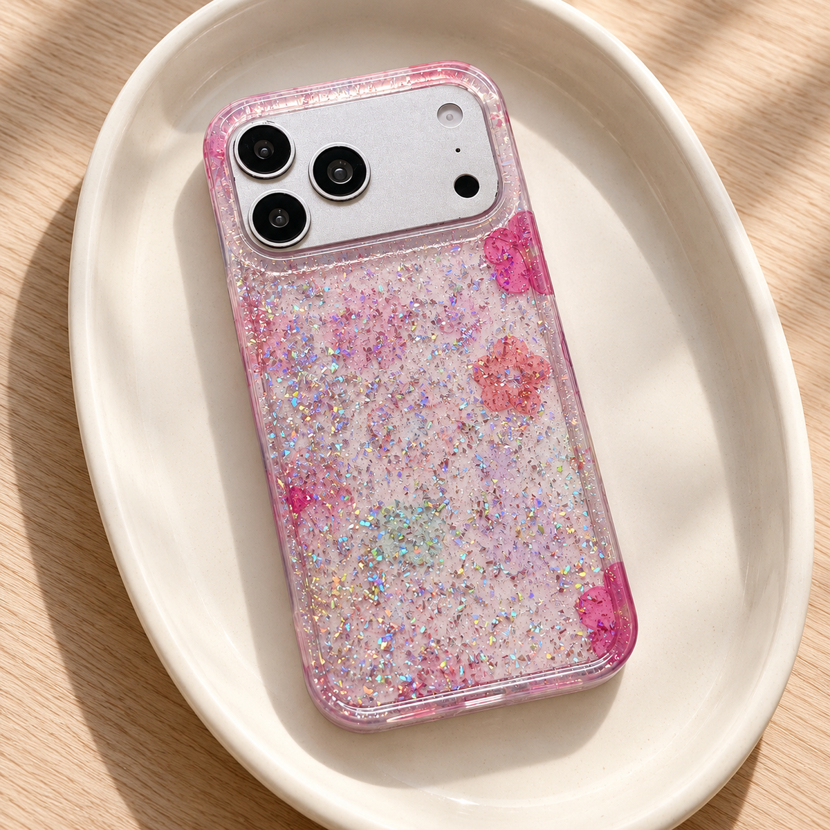 Floral Pink case styled in a simple ivory tray on a light oak table.
