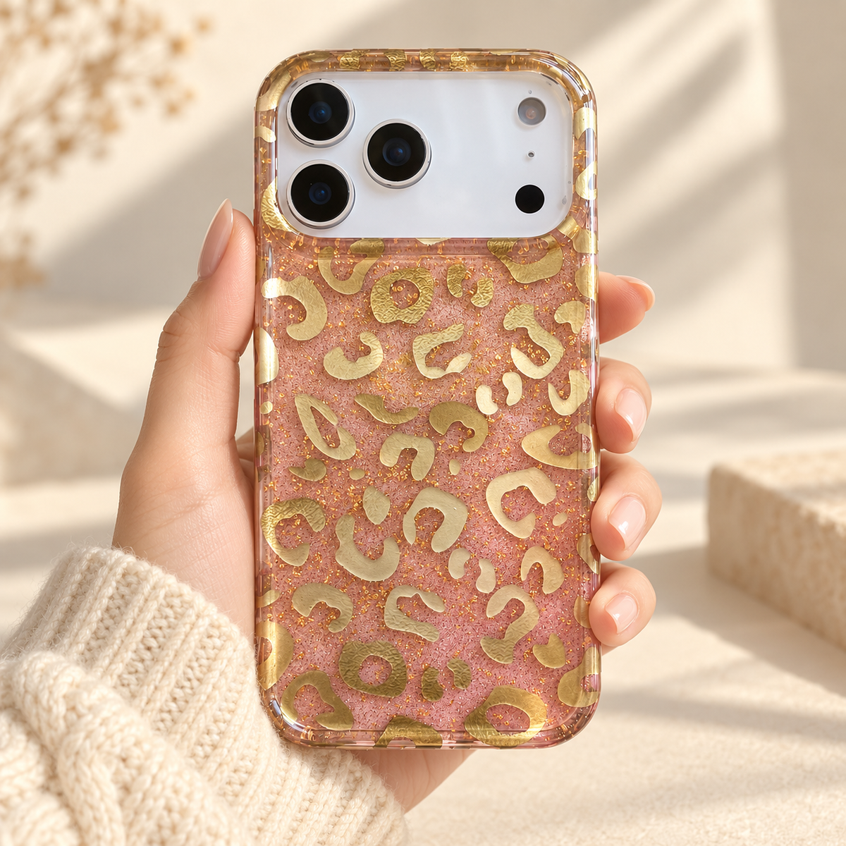Golden Blush Leopard iPhone case held upright, showing its pink sparkle background and gold-tone leopard print.