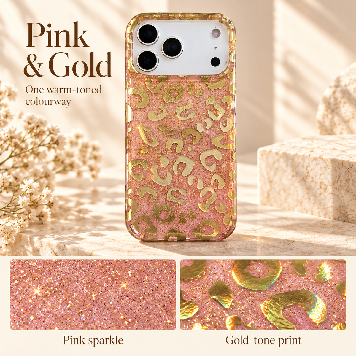 Pink & Gold colour panel showing the complete Golden Blush Leopard case and labelled rectangular details of its pink sparkle and gold-tone print.