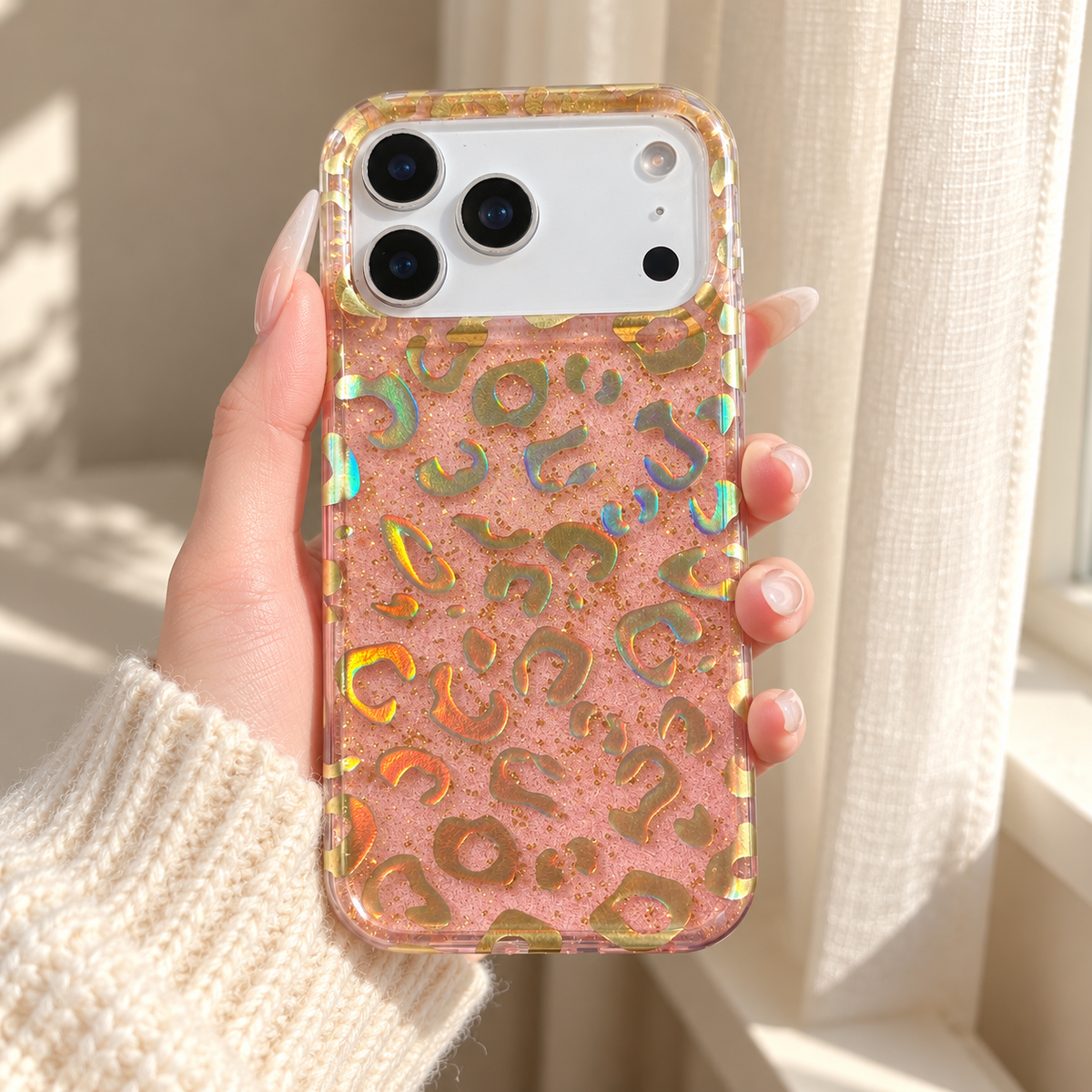 Golden Blush Leopard case held near a window with subtle colour reflections in its gold-tone print.