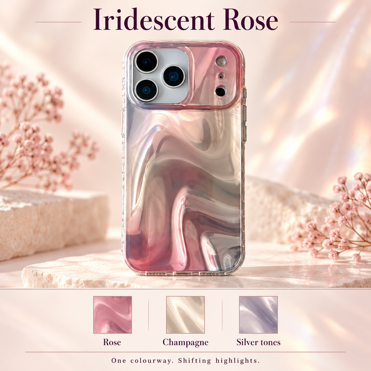 Iridescent Rose colour guide with a complete case and labelled rose, champagne and silver-toned highlights.