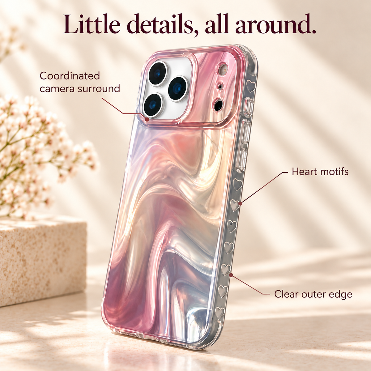 Iridescent Rose case with direct labels pointing to heart motifs, clear outer edge and coordinated camera surround.