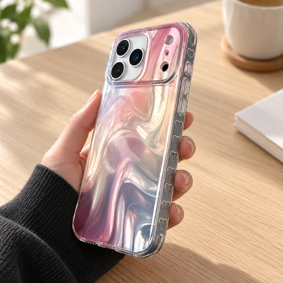 Iridescent Rose case held at a three-quarter angle above a light oak desk, showing its heart-detailed side.